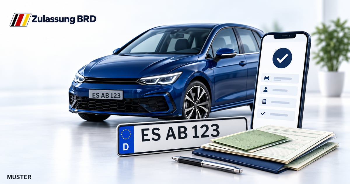 Online Fahrzeugzulassung in Plochingen: Musterkennzeichen ES AB 123, Auto und Fahrzeugpapiere und Smartphone. Illustration mit Logo von Zulassung BRD.